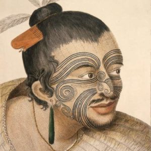 Dessin d’un chef maori réalisé en 1784 après le premier voyage de l’explorateur britannique James Cook en Nouvelle-Zélande. SYDNEY PARKINSON